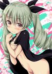  anchovy artist_name black_cape black_ribbon bottomless cape closed_mouth drill_hair girls_und_panzer green_hair hair_ribbon long_hair looking_at_viewer naked_cape navel pink_eyes ribbon saz_(sazin764) smile solo twin_drills twintails 