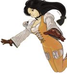  belt belt_buckle black_choker black_hair black_ribbon bodysuit breasts brown_eyes brown_gloves buckle choker cleavage closed_mouth collarbone expressionless eyebrows final_fantasy final_fantasy_ix floating_hair garnet_til_alexandros_xvii gloves jewelry juliet_sleeves lips long_hair long_sleeves looking_away low-tied_long_hair medium_breasts moiko necklace orange_bodysuit outstretched_arms pink_lips puffy_long_sleeves puffy_sleeves ribbon signature simple_background solo very_long_hair white_background white_belt 