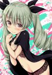  anchovy artist_name black_cape black_ribbon cape closed_mouth drill_hair girls_und_panzer green_hair hair_ribbon long_hair looking_at_viewer navel pink_eyes ribbon saz_(sazin764) smile solo twin_drills twintails underwear 