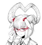 adjusting_eyewear asymmetrical_horns bangs blunt_bangs bob_cut closed_mouth commentary_request expressionless glasses hand_up horns jacket jaco long_sleeves looking_at_viewer monochrome original red-framed_eyewear short_hair simple_background solo spot_color white_background 