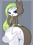  1girl anus ass ass_grab blue_background blue_border blue_eyes blush border breasts disembodied_hands disembodied_limb from_behind green_hair half-closed_eyes hand_to_own_mouth hand_up highres leaning_forward long_hair looking_at_viewer looking_back looking_to_the_side meloetta no_humans open_eyes pinkcappachino pokemon pokemon_(creature) pokemon_bw presenting pussy simple_background small_breasts smile solo standing uncensored 