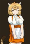  ^_^ alternate_costume animal_ears anna_miller blonde_hair blush breasts closed_eyes commentary_request grin iwahana jaguar_(kemono_friends) jaguar_ears jaguar_tail kemono_friends large_breasts orange_skirt short_hair short_sleeves simple_background skirt smile solo tail tray underbust waitress 