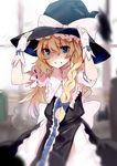  apron arms_up asuzemu bangs blonde_hair blue_bow blue_eyes blurry blurry_background blush bow braid curiosities_of_lotus_asia eyebrows_visible_through_hair frilled_shirt_collar frills grin hair_between_eyes hair_bow hands_on_headwear hat hat_bow highres indoors kirisame_marisa looking_at_viewer parted_lips puffy_short_sleeves puffy_sleeves ribbon-trimmed_sleeves ribbon_trim short_sleeves side_braid single_braid smile solo teeth touhou waist_apron white_apron white_bow window witch_hat 