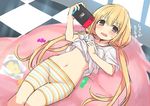  bike_shorts blonde_hair blush brown_eyes candy checkered checkered_floor chips food futaba_anzu handheld_game_console hiraga_matsuri holding idolmaster idolmaster_cinderella_girls lifted_by_self long_hair lying navel nintendo nintendo_switch on_back open_mouth playing_games potato_chips shirt shirt_lift shorts solo striped striped_shorts t-shirt twintails white_shirt 