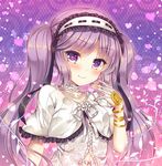  blush bracelet capelet dress eyebrows_visible_through_hair fate/grand_order fate/hollow_ataraxia fate_(series) hairband heart jewelry lolita_hairband long_hair purple_eyes purple_hair smile solo stheno suzune_rena twintails white_dress 