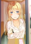  ayase_eli blonde_hair blue_eyes blurry blush breasts cleavage collarbone commentary_request delivery depth_of_field doorway hair_between_eyes hair_down long_hair long_sleeves love_live! love_live!_school_idol_project medium_breasts mogu_(au1127) open_mouth package pajamas pov pov_doorway signing solo sweatdrop 