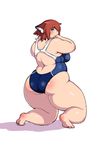  1girl animal_ears ass bare_shoulders blue_eyes blush breasts curvy kjmvideo kneeling large_breasts looking_at_viewer looking_back original parted_lips plump red_hair short_hair solo swimsuit thick_thighs wide_hips 