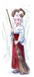  bangs broom full_body hakama highres holding holding_broom horns jaco japanese_clothes kimono long_sleeves looking_to_the_side miko original parted_lips red_eyes red_hakama sandals short_hair smile solo standing tabi white_hair white_kimono white_legwear wide_sleeves 