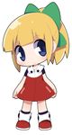 bangs black_legwear blonde_hair blue_eyes blunt_bangs blush bow chibi closed_mouth commentary_request dress eyebrows_visible_through_hair full_body green_bow hair_bow head_tilt long_hair looking_at_viewer osaragi_mitama ponytail red_dress red_footwear rockman rockman_(classic) rockman_11 roll shoes short_sleeves sidelocks simple_background smile socks solo standing white_background zipper 
