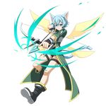  aiming animal_ears arrow black_footwear blue_eyes blue_hair boots bow_(weapon) cat_ears drawing_bow full_body hair_ribbon highres holding holding_arrow holding_bow_(weapon) holding_weapon official_art outstretched_arm ribbon short_hair sinon sinon_(sao-alo) solo sword_art_online sword_art_online:_memory_defrag thigh_strap transparent_background tress_ribbon weapon wings 