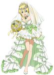  blonde_hair bouquet breasts cleavage dress flower full_body gloves high_ponytail holding holding_bouquet large_breasts leafa long_hair looking_at_viewer non-web_source official_art open_mouth showgirl_skirt skirt skirt_lift solo sword_art_online veil white_gloves 