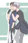  2boys black_gloves black_hair blue_eyes brown_eyes clothes_around_waist eighth_note gloves hug hug_from_behind jacket katsuki_yuuri male_focus multiple_boys musical_note profile silver_hair snowchild speech_bubble spoken_exclamation_mark spoken_musical_note towel viktor_nikiforov yuri!!!_on_ice 