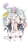  1girl barefoot breasts chain chained dress flower full_body glasses hand_up highres large_breasts long_hair looking_at_viewer official_art petals princess_principal princess_principal_game_of_mission purple_hair smile solo standing torn_clothes torn_dress transparent_background white_dress yellow_eyes 
