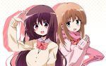  blush bow bowtie breasts brown_hair cardigan futaru_usagi large_breasts long_hair looking_at_viewer matsumi_kuro matsumi_yuu multiple_girls saki saki_achiga-hen scarf school_uniform siblings sisters smile 