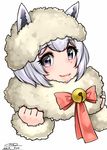  alpaca_ears alpaca_huacaya_(kemono_friends) animal_ears bell bow bowtie clenched_hands dated eyebrows_visible_through_hair fur-trimmed_sleeves fur_collar fur_trim grey_eyes hands_up happa_(cloverppd) jingle_bell kemono_friends looking_at_viewer short_hair signature simple_background solo upper_body white_background white_hair 