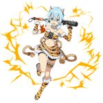  :d animal_print bare_shoulders bike_shorts blue_hair boots club full_body fur_trim highres horns kanabou knee_boots midriff navel official_art oni oni_horns open_mouth rope shorts shorts_under_skirt sinon skirt smile solo sword_art_online sword_art_online:_memory_defrag tiger_print transparent_background weapon 