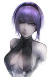  absurdres bare_shoulders breasts cleavage dark_skin fate/prototype fate/prototype:_fragments_of_blue_and_silver fate_(series) hassan_of_serenity_(fate) highres hometa looking_at_viewer medium_breasts medium_request purple_eyes purple_hair revealing_clothes short_hair simple_background smile solo white_background 