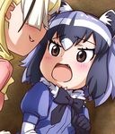  animal_ears blush commentary common_raccoon_(kemono_friends) eye_contact face-to-face fang fennec_(kemono_friends) fox_ears hair_over_eyes kemono_friends kobamiso_(kobalt) looking_at_another multiple_girls open_mouth photo-referenced raccoon_ears seductive_smile smile yuri 