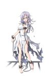  1girl barefoot breasts chain chained dress flower full_body glasses hand_up highres large_breasts long_hair looking_at_viewer official_art princess_principal princess_principal_game_of_mission purple_hair solo standing torn_clothes torn_dress transparent_background white_dress yellow_eyes 