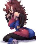  amania_orz android_21 ass bare_shoulders black-framed_eyewear blue_eyes breasts brown_hair curly_hair detached_sleeves dragon_ball dragon_ball_fighterz dress earrings glasses hoop_earrings huge_breasts jewelry long_hair looking_at_viewer nail_polish pantyhose smile solo v 