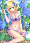  blonde_hair blue_flower blush bra breasts cleavage collarbone eyebrows_visible_through_hair flower green_eyes groin hair_flower hair_ornament jewelry legs light_smile looking_at_viewer medium_breasts morning_glory mu_ying_rong multicolored_scrunchie navel necklace original panties pendant plant purple_bra purple_panties scrunchie short_hair sitting solo suikakitsu_shiro thighs underwear underwear_only wariza watering_can wrist_scrunchie 