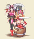  animal_ears antlers armor axe barrel bikini_armor bodysuit breasts commentary_request crossed_legs dragon_quest dragon_quest_iii gloves helmet kemono_friends lion_(kemono_friends) lion_ears long_hair medium_breasts moose_(kemono_friends) moose_ears multiple_girls navel pantyhose pxton red_armor sitting skin_tight soldier_(dq3) sword weapon winged_helmet 