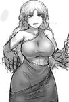  bangs bare_shoulders breasts cowboy_shot detached_sleeves eyebrows_visible_through_hair greyscale hand_on_hip large_breasts long_hair long_sleeves looking_at_viewer monochrome open_mouth sakata_nemuno simple_background skirt solo touhou white_background yuugatou_(yuuzutu) 