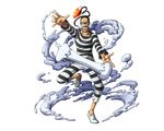  black_hair bodskih candle clenched_teeth fire full_body galdino glasses leg_up male_focus one_piece pants prison_clothes shirt solo standing standing_on_one_leg striped striped_pants striped_shirt teeth torn_clothes torn_pants torn_shirt transparent_background 