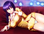  agent_aika aika_(series) bangs blue_hair brown_eyes cleavage_cutout closed_mouth delmogeny_uniform dress golden_delmo highres indoors juliet_sleeves long_hair long_sleeves looking_at_viewer lying on_side panties pantyshot petoriyacowa_rie puffy_sleeves smile solo thighs underwear wag_(pixiv) white_panties yellow_dress 