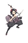  black_eyes black_hair black_legwear dual_wielding fighting_stance flower full_body hair_flower hair_ornament highres holding holding_sword holding_weapon looking_at_viewer makaria official_art princess_principal princess_principal_game_of_mission sandals short_hair solo sword toudou_chise transparent_background weapon 