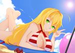  ahoge bad_id bad_pixiv_id ball barefoot beachball bikini blonde_hair breast_press breasts cloud crab criss-cross_halter crossed_ankles day fate/grand_order fate_(series) feet_up green_eyes hair_intakes halterneck large_breasts long_hair looking_at_viewer lying nero_claudius_(fate)_(all) nero_claudius_(swimsuit_caster)_(fate) on_stomach shito_zhizhen sky solo striped striped_bikini summer sun swimsuit v 