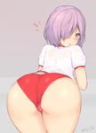  1girl :o alternate_costume ass back bangs bent_over blush buruma cameltoe check_commentary commentary commentary_request cowboy_shot dated embarrassed eyebrows_visible_through_hair eyes_visible_through_hair fate/grand_order fate_(series) from_behind grey_background gym_shirt gym_uniform hair_over_one_eye kuavera lavender_eyes lavender_hair legs_together looking_at_viewer looking_back mash_kyrielight open_mouth parted_bangs parted_lips purple_eyes purple_hair raised_eyebrows red_buruma see-through shirt short_hair short_sleeves signature simple_background solo surprised sweat thighs twitter_username wet wet_clothes wet_shirt white_shirt 