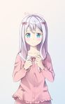  blue_eyes bow collarbone dress_shirt eromanga_sensei grey_background hair_bow highres izumi_sagiri la_campanella long_hair looking_at_viewer pink_bow pink_shirt shirt silver_hair solo standing 