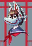  animal_ears brown_eyes brown_hair face fake_animal_ears fox_mask grey_background hair_between_eyes headphones highres jaco looking_away mask mechanical_ears neckerchief original portrait red_neckwear sailor_collar school_uniform serafuku short_hair solo torii 