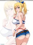  1girl ass bangs bare_legs bare_shoulders blonde_hair blush bra breasts brown_eyes denim_shorts fairy_tail finger_to_lip finger_to_mouth hair_ribbon hair_up high_ponytail large_breasts lips_parted looking_at_viewer looking_back looking_over_shoulder lucy_heartfilia naughty_face naughty_smile parted_lips ponytail ribbon short_shorts smile solo text thong web_address website 