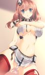  blue_eyes blush breast_pocket breasts brown_hair dress hair_between_eyes highres huge_breasts kantai_collection long_hair mutsuno_hekisa open_mouth panties pocket remodel_(kantai_collection) saratoga_(kantai_collection) side_ponytail solo thighhighs torn_clothes torn_dress underwear white_panties 