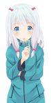 blue_eyes blue_sweater blush bow eromanga_sensei hair_bow highres holding holding_stylus izumi_sagiri long_hair looking_at_viewer nemsist pink_bow silver_hair simple_background solo standing sweater upper_body white_background 