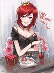  :d black_shirt box bracelet breasts cake character_name choker cleavage collarbone crown dated eyebrows_visible_through_hair flower food gift gift_box hair_between_eyes happy_birthday highres hyugo jewelry long_hair love_live! love_live!_school_idol_project medium_breasts mini_crown nishikino_maki off_shoulder open_mouth pink_flower purple_eyes red_hair ring shirt sketch smile solo 