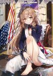  american_flag bad_id bad_pixiv_id bangs barefoot blush boots brown_hair character_name dress eyebrows_visible_through_hair flag girls_frontline gloves gloves_removed green_eyes hair_between_eyes hand_in_hair hand_up highres indoors jacket leaning_forward leg_up lips long_hair looking_at_viewer m1903_springfield_(girls_frontline) meoneo military military_uniform nail_polish open_clothes open_jacket shoes shoes_removed single_boot single_shoe sitting smile solo sparkle uniform white_background white_dress 