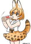  animal_ears bare_shoulders blonde_hair bottle cowboy_shot dated drinking extra_ears eyebrows_visible_through_hair hair_between_eyes happa_(cloverppd) holding holding_bottle kemono_friends milk_bottle print_skirt serval_(kemono_friends) serval_ears serval_print serval_tail shirt short_hair signature simple_background skirt sleeveless solo tail towel towel_around_neck white_background white_shirt yellow_eyes 