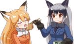  :o aburaage animal_ears bad_id bad_pixiv_id black_bow black_gloves black_hair black_neckwear blonde_hair blue_eyes blush bow bowtie breast_pocket brown_hair chopsticks closed_eyes donbee_(food) extra_ears ezo_red_fox_(kemono_friends) fang feeding food fox_ears gloves highres holding holding_chopsticks jacket kemono_friends long_hair long_sleeves lya_nko multicolored_hair multiple_girls necktie nissin orange_jacket pocket silver_fox_(kemono_friends) silver_hair simple_background smile upper_body v_v white_background white_bow white_neckwear 