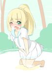  1girl between_legs blonde_hair blue_sailor_collar blush braid bush collarbone crying eyebrows_visible_through_hair feet french_braid full_body green_eyes hand_between_legs have_to_pee highres kneeling knees_together_feet_apart lillie_(pokemon) looking_at_viewer one_eye_closed open_mouth outdoors peeing peeing_self pleated_skirt pokemon pokemon_(game) pokemon_sm ponytail puddle sailor_collar shirt short_sleeves simple_background skirt solo steam suasuri sweat tears tied_hair tree v_arms wavy_mouth wet_clothes wet_skirt white_shirt white_skirt 