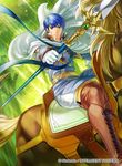  belt blue_eyes blue_hair boots cape company_name finn_(fire_emblem) fire_emblem fire_emblem:_seisen_no_keifu fire_emblem:_thracia_776 fire_emblem_cipher gloves horse horseback_riding kita_senri leaf male_focus official_art polearm riding solo spear tree weapon 