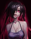  bare_shoulders black_hair blood blood_on_face breasts cleavage collarbone cross cross_necklace earrings hair_over_one_eye highres jewelry large_breasts long_hair looking_at_viewer luen_kulo necklace original pink_eyes sleeveless solo teeth tongue tongue_out 