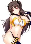  armlet bare_shoulders black_hair black_legwear blush breasts closed_mouth commentary_request cowboy_shot crown earrings fate/grand_order fate_(series) hair_ribbon hoop_earrings ishtar_(fate/grand_order) jajao jewelry long_hair looking_at_viewer medium_breasts navel red_eyes ribbon single_bridal_gauntlet single_thighhigh smile solo stomach thighhighs two_side_up 
