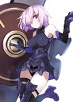  armor armored_dress bangs black_gloves black_legwear black_leotard blush breasts closed_mouth commentary_request elbow_gloves eyebrows_visible_through_hair fate/grand_order fate_(series) gloves greaves hair_over_one_eye hands_up hayakawa_harui highleg highleg_leotard holding_shield leotard looking_at_viewer mash_kyrielight medium_breasts purple_eyes purple_gloves purple_hair shield short_hair simple_background smile solo thigh_strap thighhighs thighs white_background 