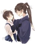  ^_^ alternate_costume brown_eyes brown_hair closed_eyes commentary_request from_side hakama hand_on_another's_head houshou_(kantai_collection) japanese_clothes kaga_(kantai_collection) kantai_collection long_hair multiple_girls muneate petting ponytail side_ponytail smile takamachiya tasuki younger 