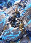  anankos armor blue_hair boots cape company_name dual_wielding feathered_wings feathers fire_emblem fire_emblem_cipher fire_emblem_if gloves hagiya_kaoru hair_over_one_eye holding horseback_riding japanese_armor male_focus naginata official_art pegasus pegasus_knight polearm riding serious shigure_(fire_emblem_if) solo spear water weapon wings yellow_eyes 