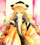  blonde_hair finger_to_mouth hat highres kido_(choushouya) long_hair looking_at_viewer matara_okina shushing simple_background solo tabard touhou wavy_hair yellow_eyes 