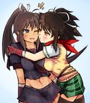  2girls ;0 amber_eyes arm_grab arms_at_sides asuka_(senran_kagura) black_clothes black_hair black_serafuku black_skirt blue_eyes blush breast_press breasts brown_eyes brown_hair cheek-to-cheek couple eye_contact female fingerless_gloves gloves green_skirt hair_ornament hair_ribbon heart homura_(senran_kagura) hug incipient_kiss large_breasts long_hair looking_at_another midriff multiple_girls navel neck o3o one_eye_closed open_mouth plaid plaid_skirt pleated_skirt ponytail red_scarf ribbon scarf school_uniform senran_kagura serafuku short_sleeves skirt standing sweater_vest tan tanned white_ribbon wince yuri 